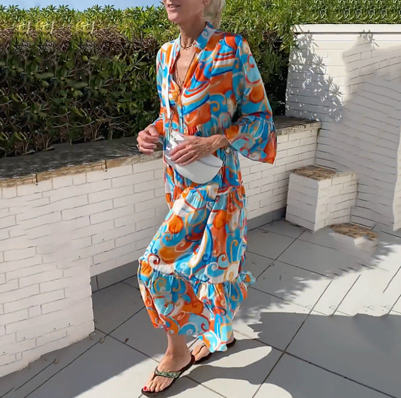 Robe maxi aérienne pour femmes avec imprimé aquarelle, décolleté en V, patte de boutonnage et jupe à volants R&B
