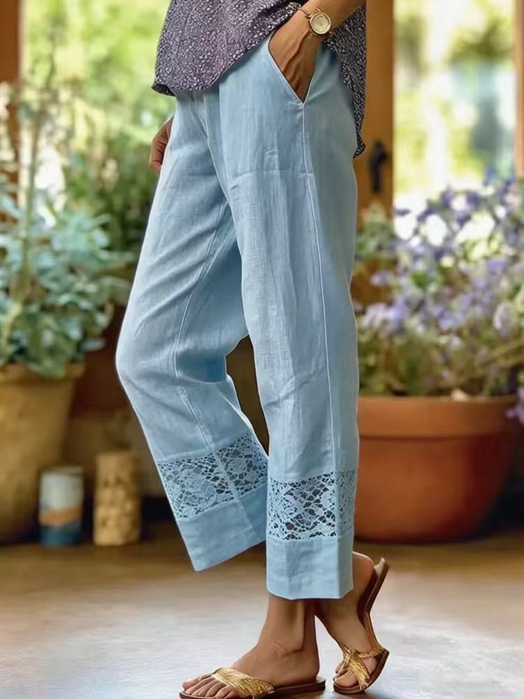 Pantalon léger en lin pour femmes avec accents en dentelle R&B