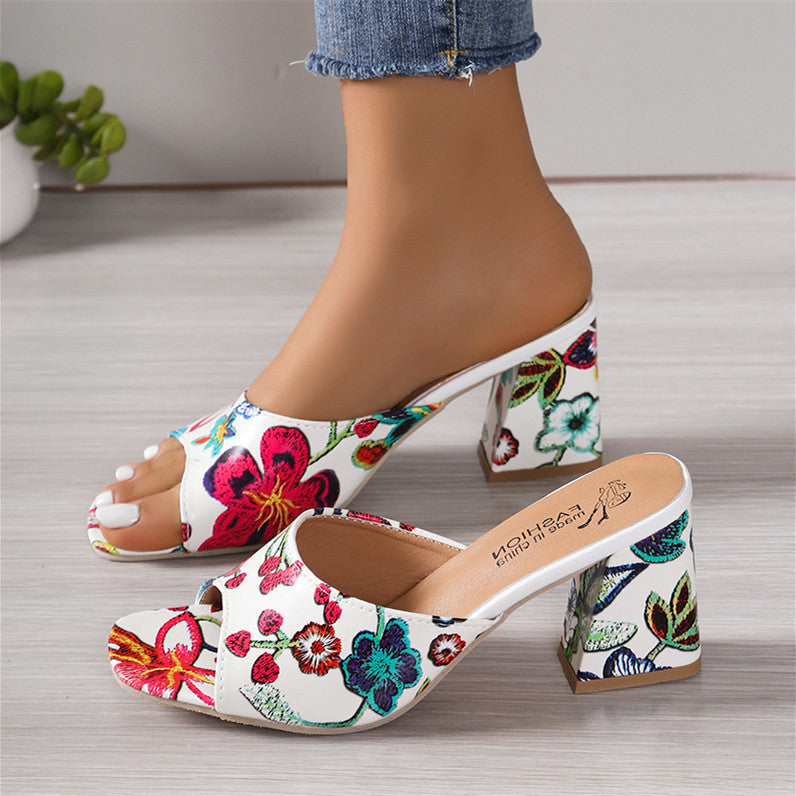 Mules ouvertes pour femmes avec motif floral et talon bloc confortable R&B