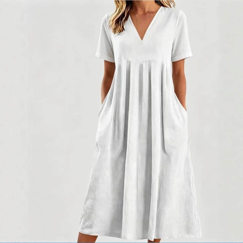 Robe midi à décolleté en V pour femmes avec poches et couture empire froncée R&B