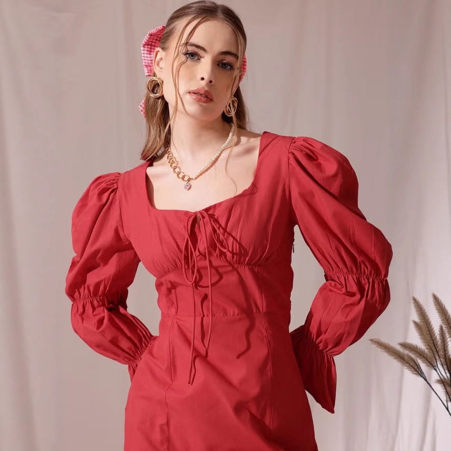 Robe mini à manches bouffantes pour femmes avec décolleté carré, bustier à cordon et manches cloche