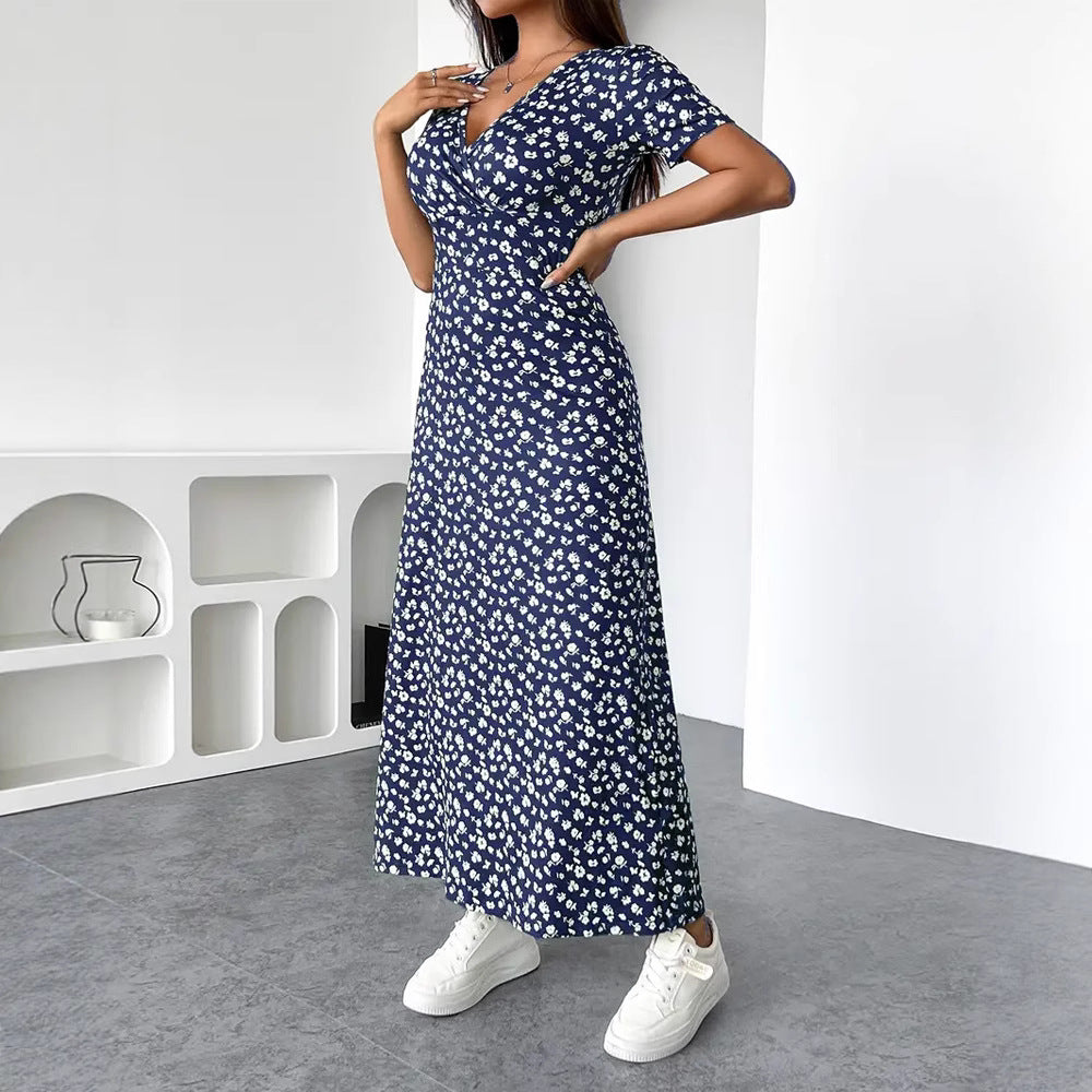Robe midi en jersey cintrée pour femme avec haut croisé, manches courtes et jupe évasée R&B