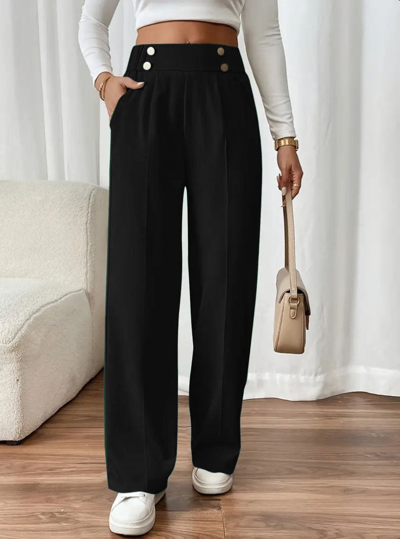 Pantalon Palazzo taille haute pour femmes avec boutons décoratifs, pli marqué et poches Echoarchiv