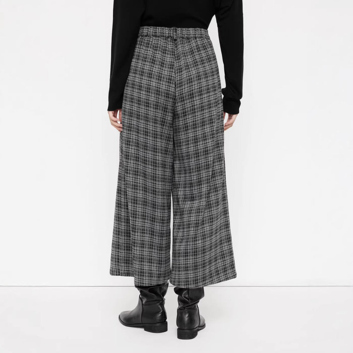Pantalon large en culotte pour femmes avec motif à carreaux et taille haute