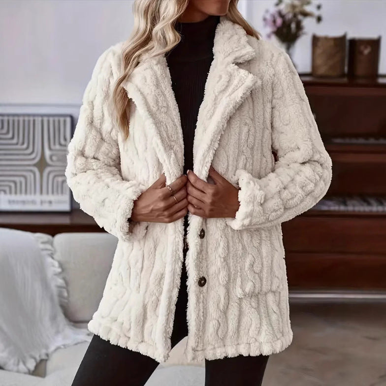 Manteau Teddy Femme avec Grand Col et Boutonnage Frontal