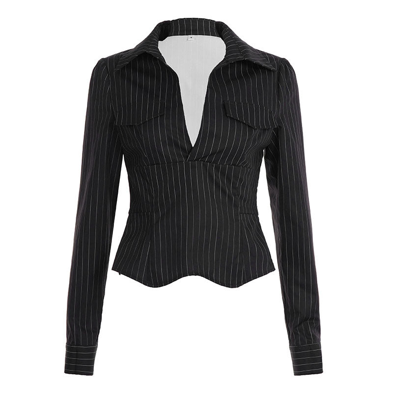 Chemisier ajusté à manches longues pour femmes avec décolleté en V twisté, col chemise et effet à rayures Echo Archiv