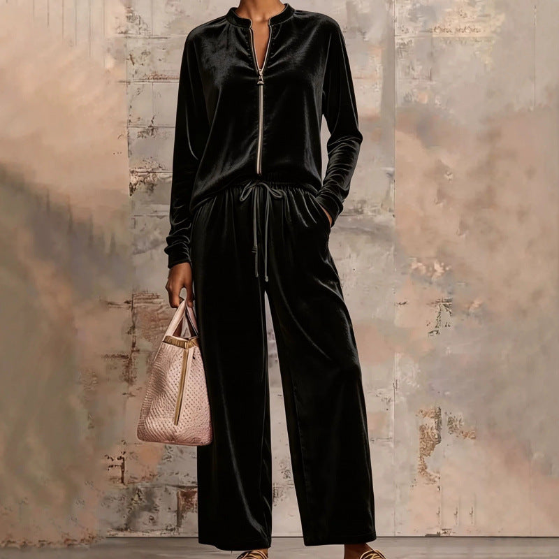 Ensemble lounge en velours pour femmes avec col montant, demi-fermeture éclair et pantalon palazzo large Echoarchiv