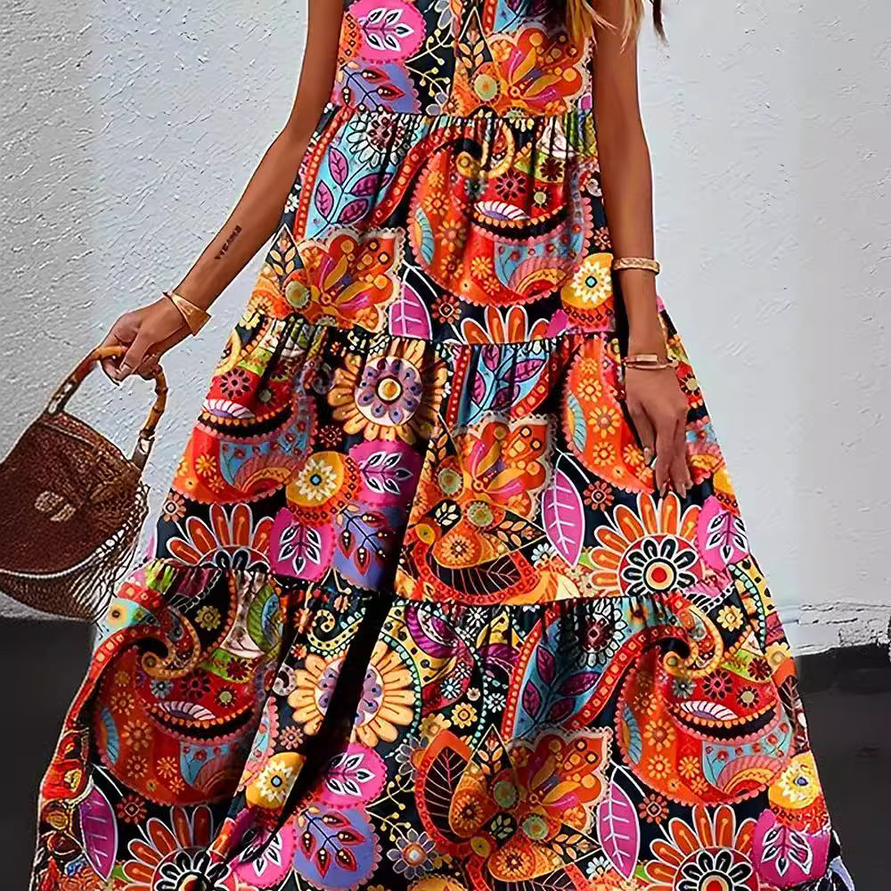 Robe maxi Boho à volants pour femmes avec décolleté en V et couture froncée sous la poitrine R&B