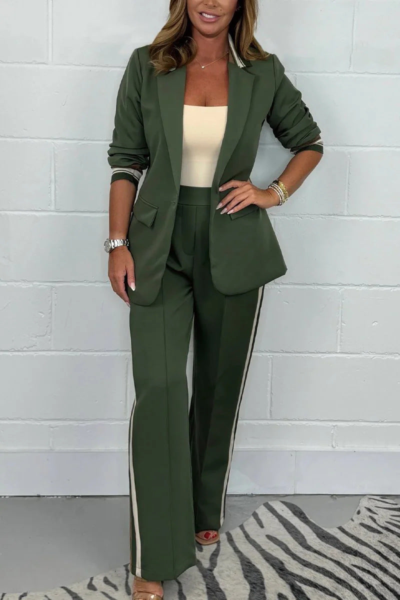 Ensemble pantalon blazer long cintré pour femme avec pli marqué, jambe large et passepoil latéral R&B