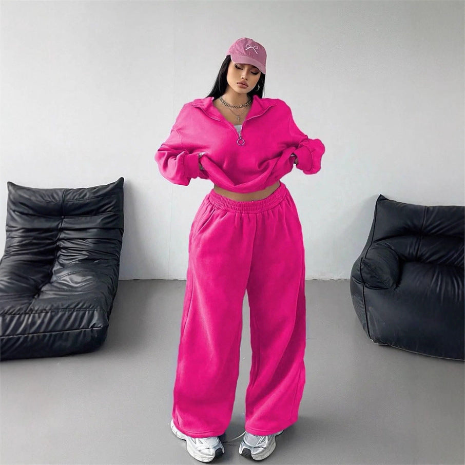 Sweat à capuche zippé cropped en velours pour femmes et pantalon jogging palazzo taille haute large Echo Archiv