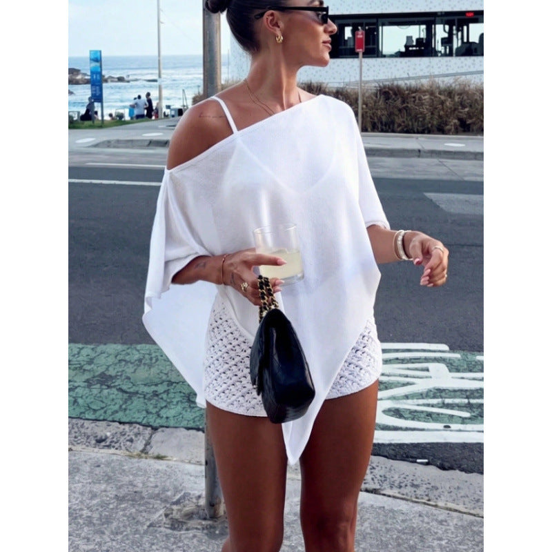 Top poncho asymétrique à épaules nues pour femmes en tricot léger Echoarchiv