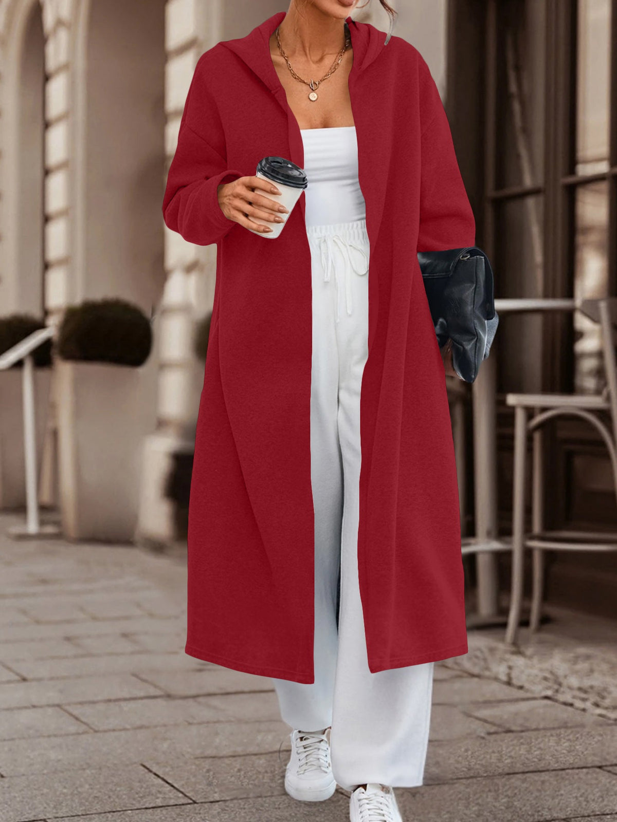 Manteau long oversize à capuche pour femmes avec devant ouvert et doux en polaire Echoarchiv
