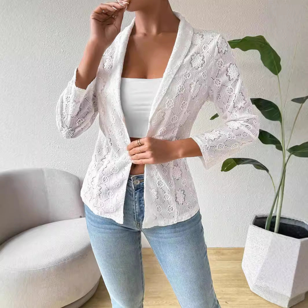 Blazer en dentelle transparente pour femmes avec col châle et manches trois-quarts R&B