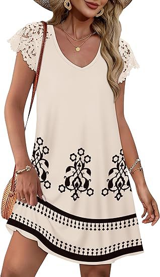 Robe d'été pour femmes avec des manches en dentelle élégantes et un motif floral R&B