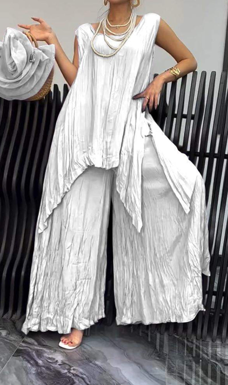 Ensemble léger à effet froissé pour femmes avec tunique sans manches et pantalon palazzo R&B
