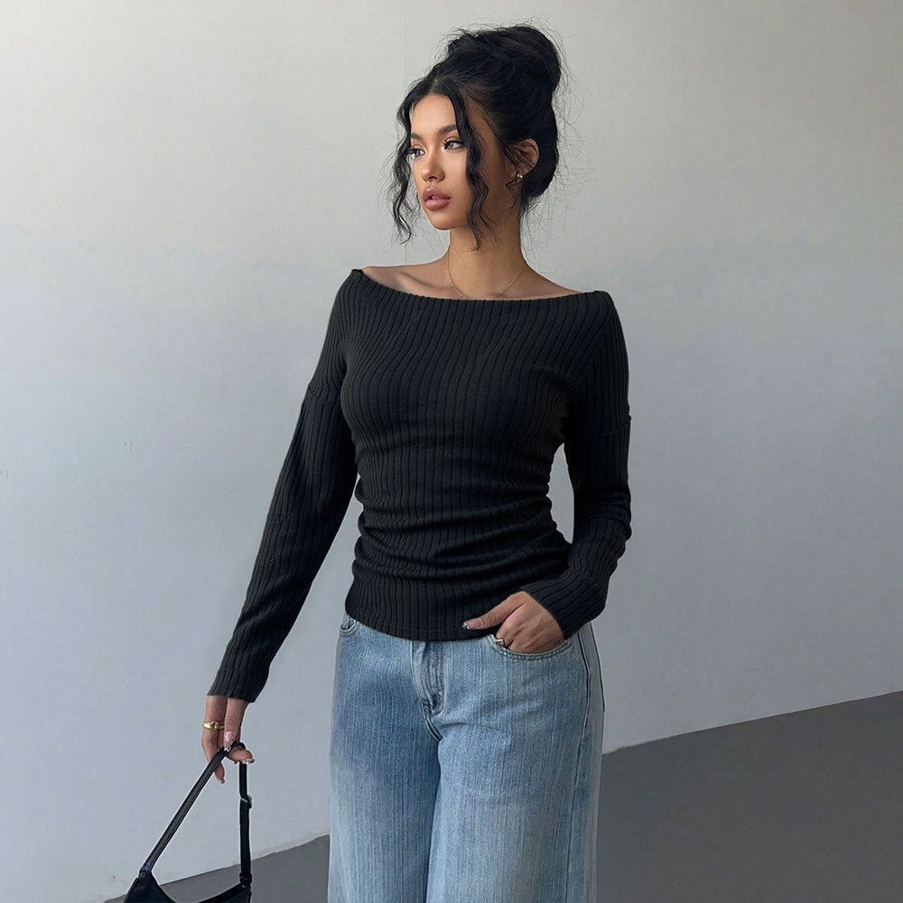 T-shirt à manches longues côtelé sans épaules pour femmes avec fronces ajustées et stretch sculptant
