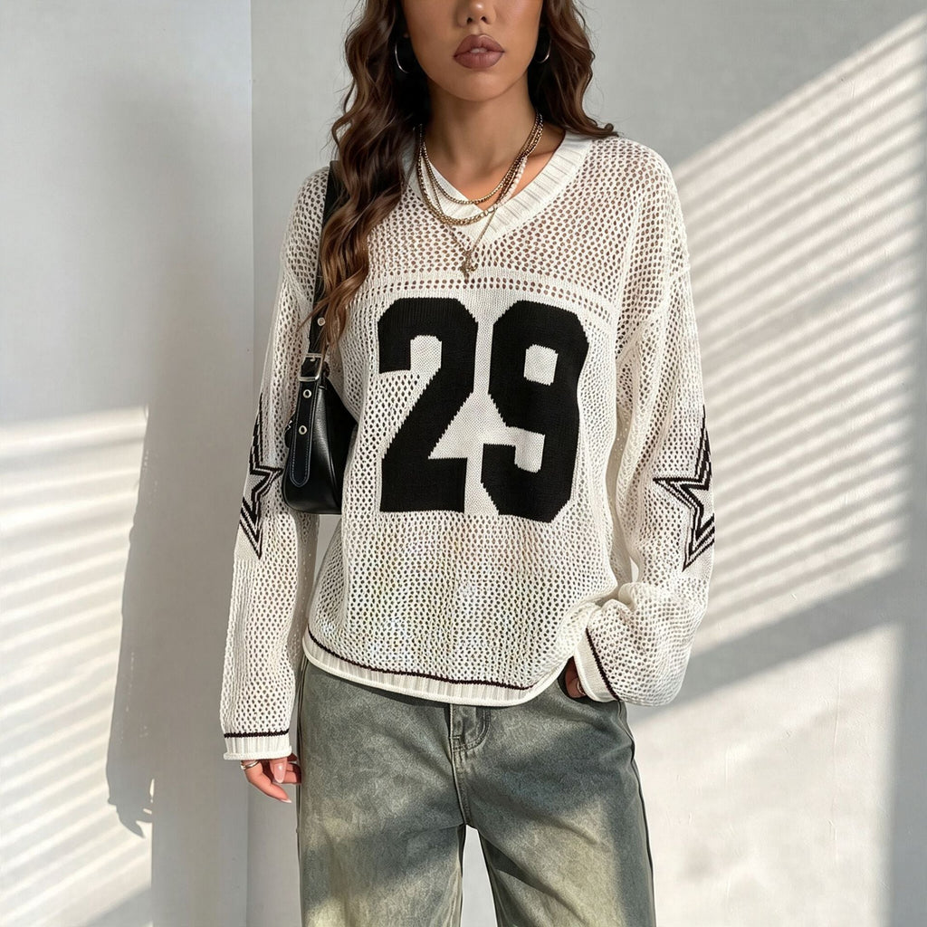 Pull cropped en maille oversize pour femmes avec décolleté en V Echoarchiv