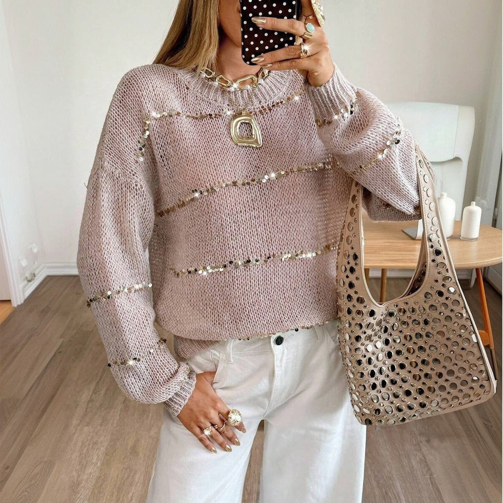 Pull en grosse maille pour femmes avec bandes de sequins, coupe oversize et col rond Echoarchiv