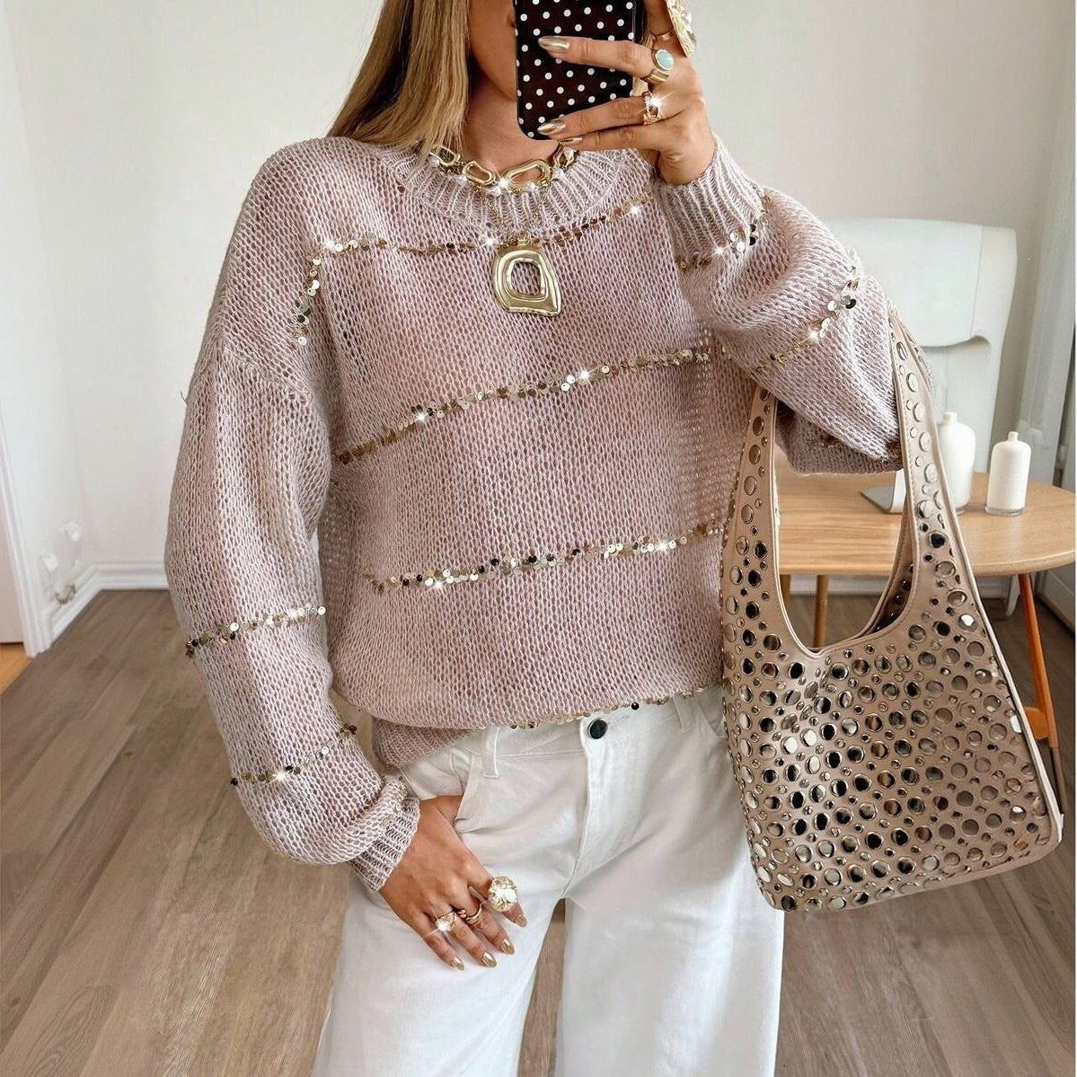 Pull en grosse maille pour femmes avec bandes de sequins, coupe oversize et col rond Echoarchiv