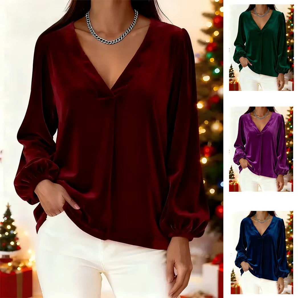 Blouse en velours élégante pour femmes avec décolleté en V