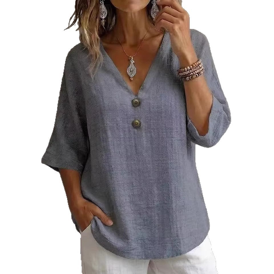 T-shirt décontracté à col en V pour femmes avec détails en bouton