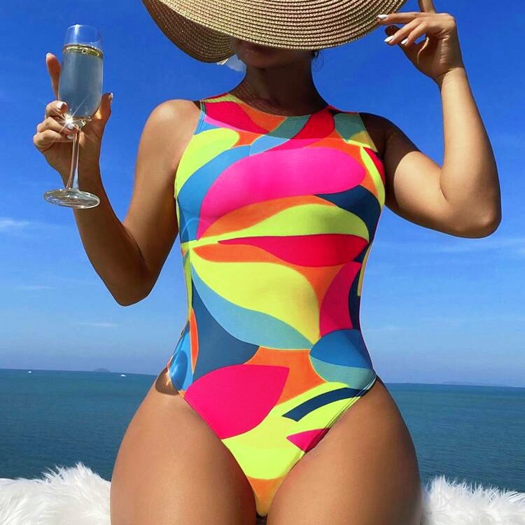 Maillot de bain une pièce sportif pour femmes avec motif de feuilles colorées Drune