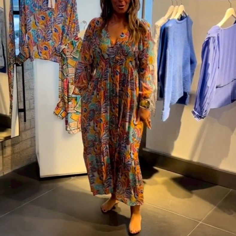 Robe maxi à volants pour femmes en style boho avec imprimé paisley, décolleté en V, taille empire froncée et poignets élastiques R&B