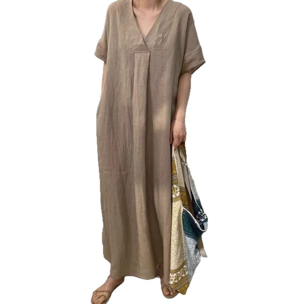 Robe longue en lin pour femmes avec décolleté en V et coupe décontractée R&B