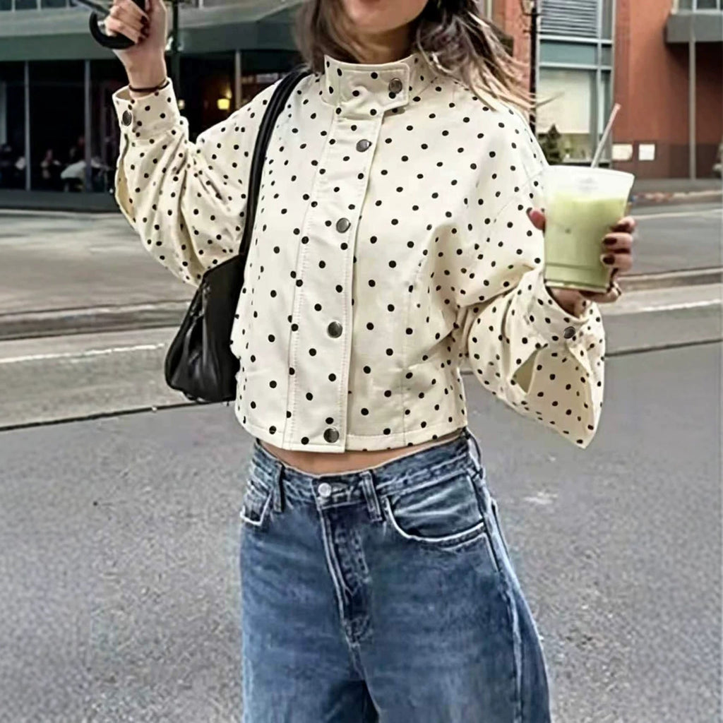 Veste Femme à Pois Croppée avec Col Montant, Manches Bouffantes et Boutons-pression