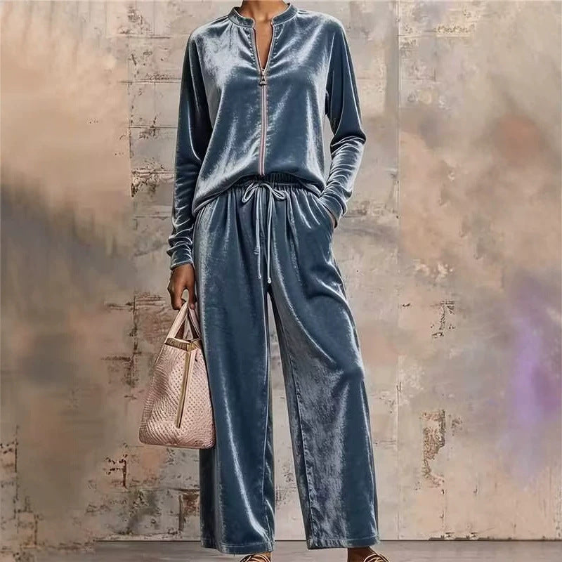 Ensemble lounge en velours pour femmes avec col montant, demi-fermeture éclair et pantalon palazzo large Echoarchiv
