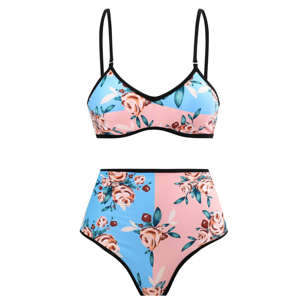 Bikini taille haute pour femmes avec motif floral et détail contrastant R&B