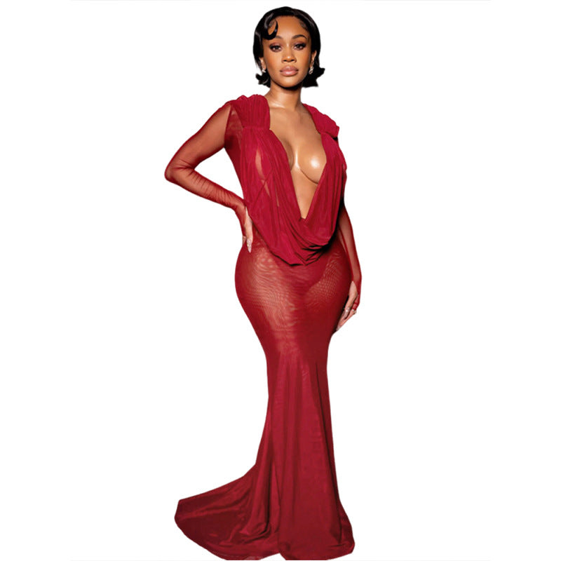 Robe longue élégante pour femmes avec décolleté en V profond et fronces Heidi-Mode