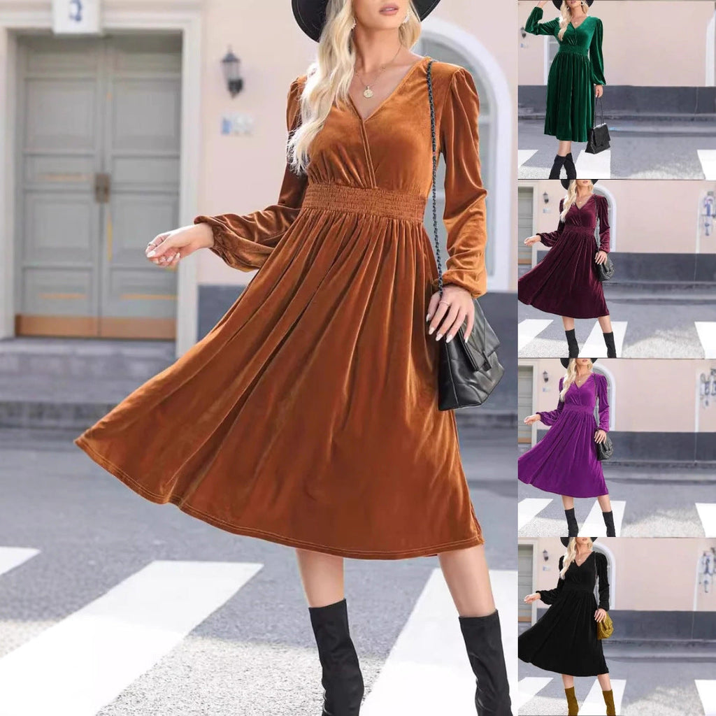 Robe midi en velours pour femmes avec décolleté en V, taille smock froncée et manches ballon longues