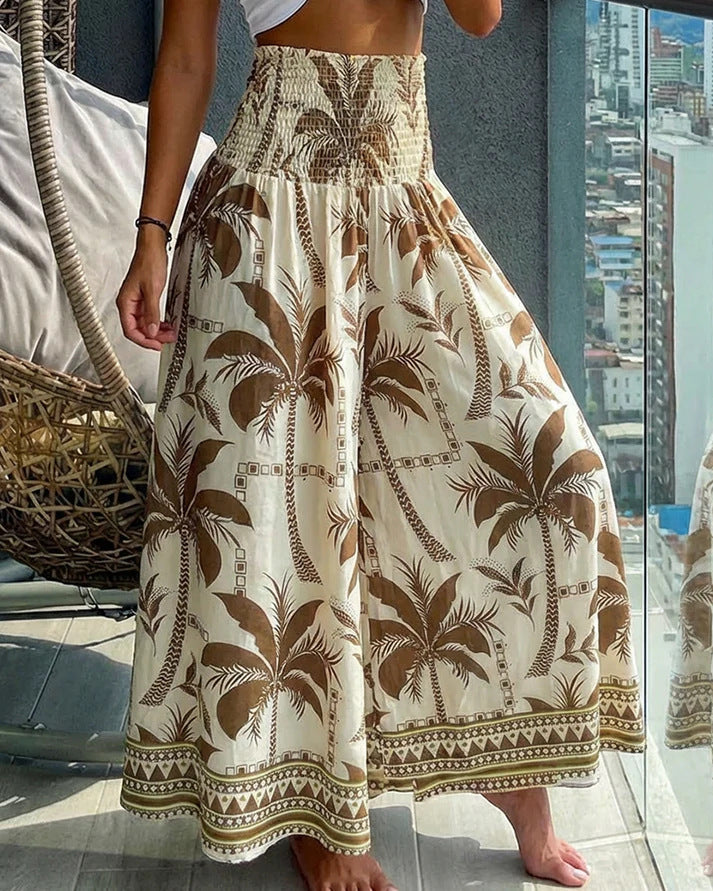Jupe maxi pour femmes avec taille smockée haute et imprimé bohème de palmiers