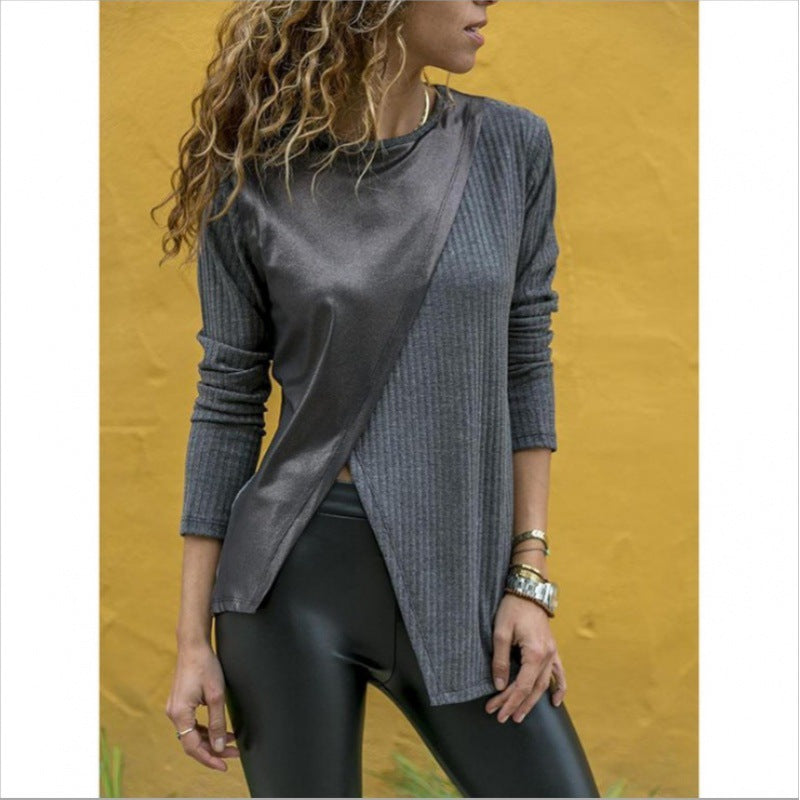 T-shirt long asymétrique pour femmes avec overlay en simili cuir et tricot côtelé Echo Archive