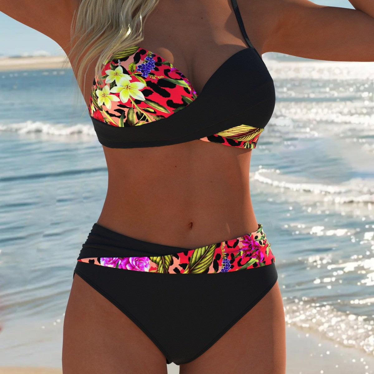 Bikini balconnet pour femmes avec imprimé palmier tendance et détails en anneau élégants R&B