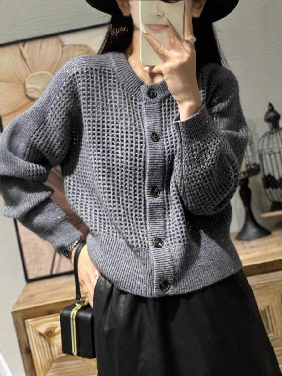 Cardigan en maille pour femmes avec col rond, patte de boutonnage et manches longues