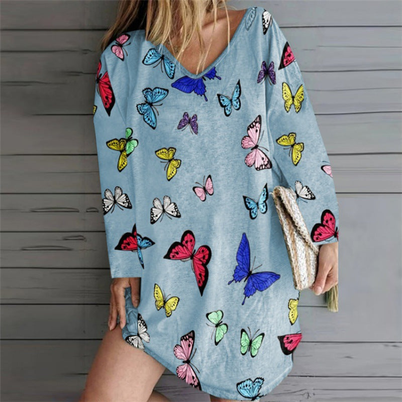 Robe tunique oversize pour femmes avec décolleté en V et imprimé papillon Echo Archive