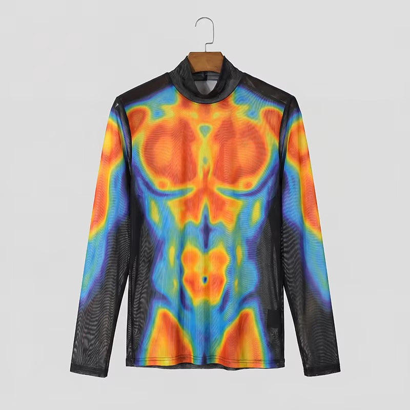 T-shirt long transparent en mesh pour hommes avec impression musculaire 3D Echoarchiv