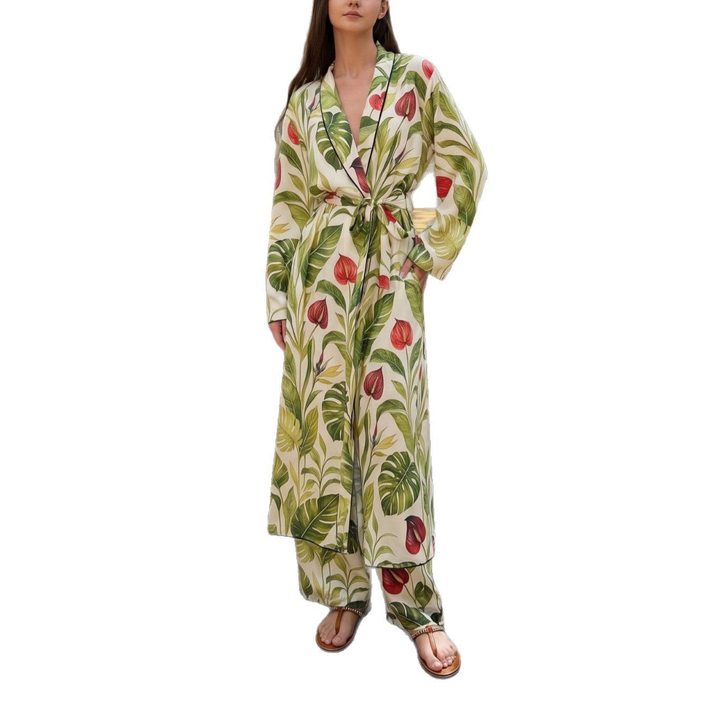 Manteau Kimono Long pour Femmes avec Ceinture à la Taille et Pantalon Palazzo Ample en Imprimé Tropical Echoarchiv