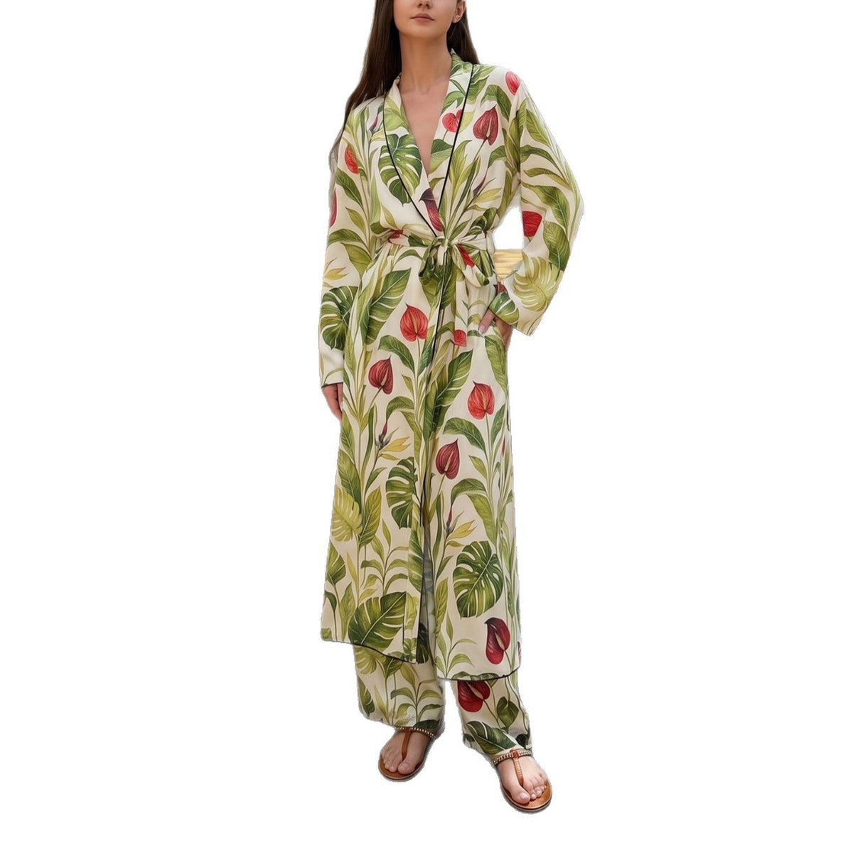 Manteau Kimono Long pour Femmes avec Ceinture à la Taille et Pantalon Palazzo Ample en Imprimé Tropical Echoarchiv