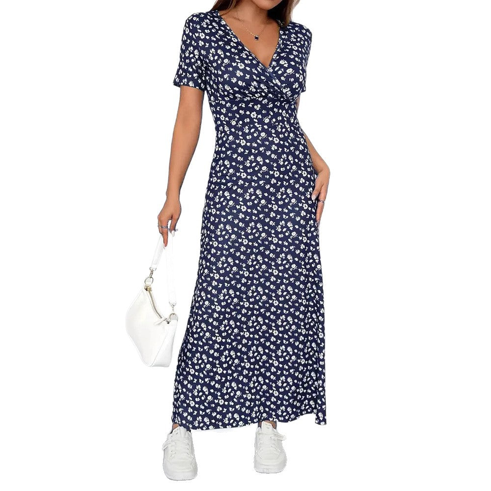 Robe midi en jersey cintrée pour femme avec haut croisé, manches courtes et jupe évasée R&B