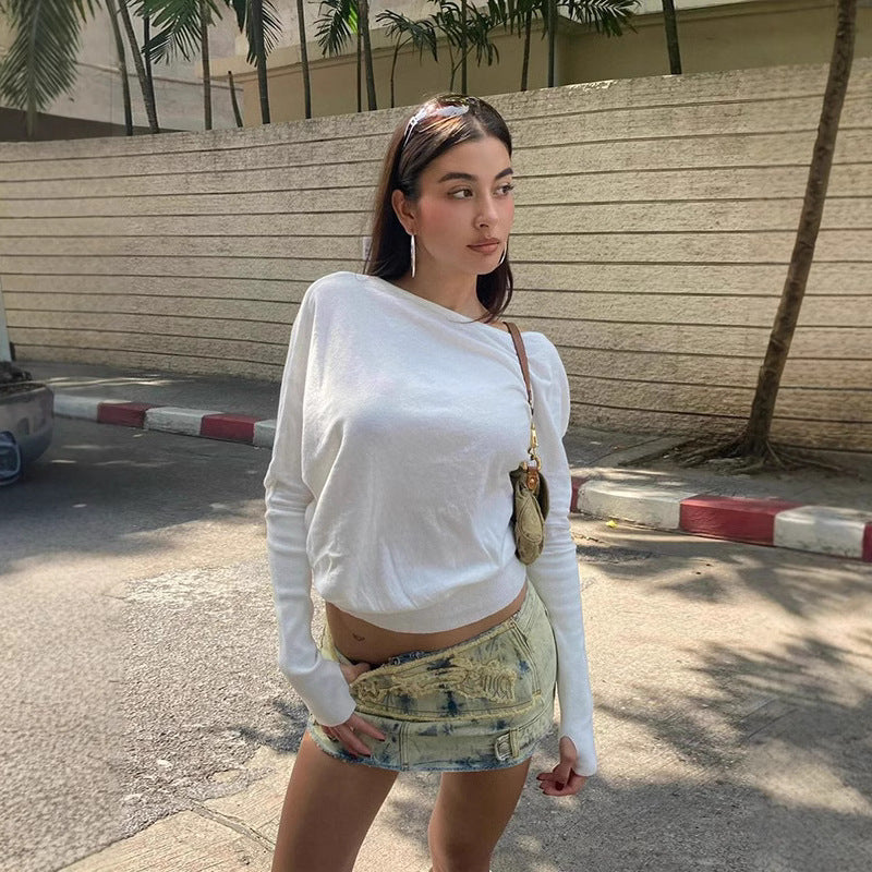 T-shirt cropped à manches longues léger pour femmes avec détail épaule unique et mélange de coton stretch Echo Archiv