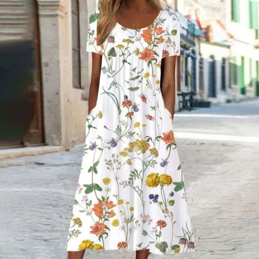 Robe maxi A-line d'été pour femmes avec décolleté en V, manches courtes et poches latérales en jersey léger R&B