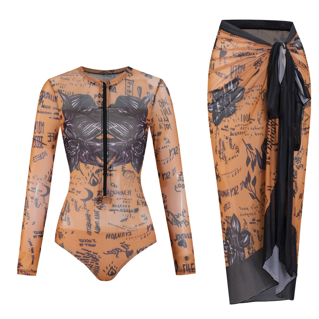 Combinaison de surf à manches longues pour femmes avec un design graphique artistique et zip R&B
