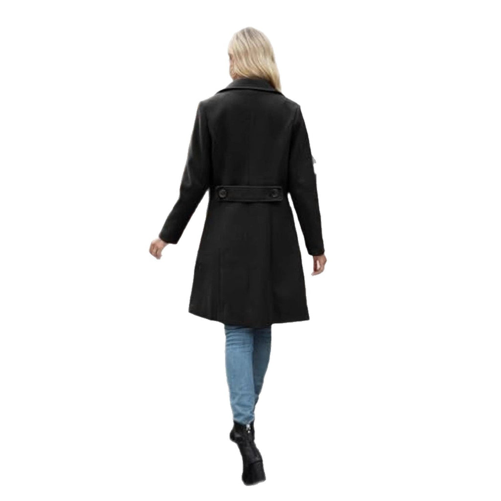 Manteau en mélange de laine à double boutonnage pour femmes avec silhouette cintrée et grandes poches à rabat