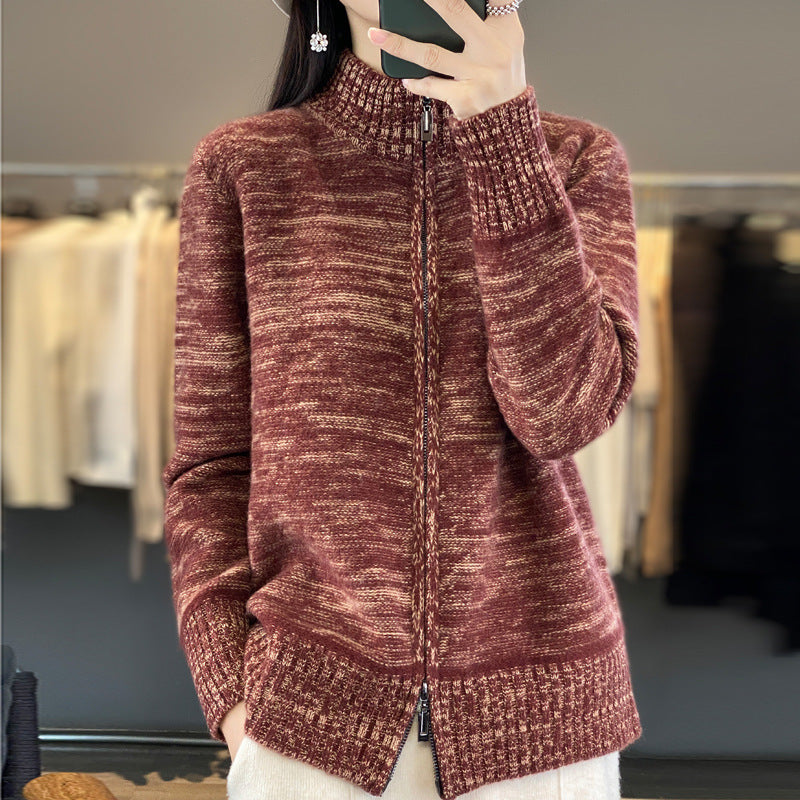 Veste en tricot pour femmes avec fermeture éclair et col montant