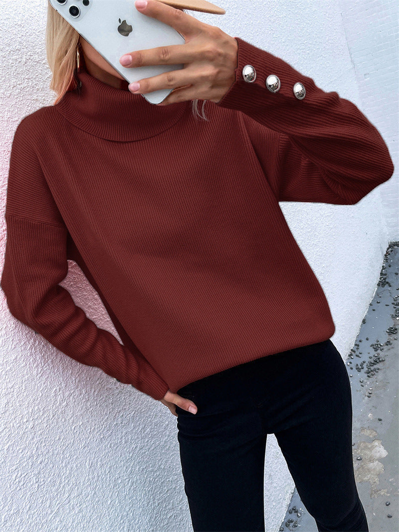 Pull à col roulé côtelé pour femmes avec coupe oversize et poignets à boutons décoratifs Echoarchiv