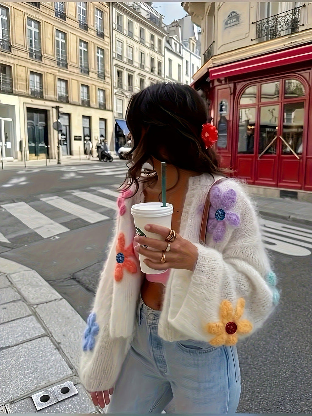 Cardigan en maille oversize pour femmes avec appliqués floraux 3D Echoarchiv