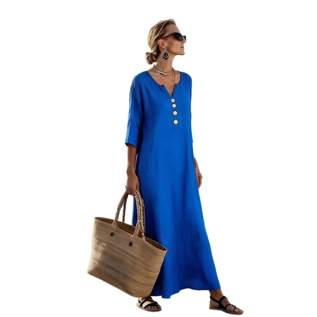 Robe Kaftan Maxi à Col V Détendu à Boutons pour Femmes Echoarchiv